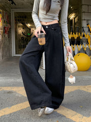 Black Wide-Leg Jeans High Waist Banana Curved Cut Loose Denim Trousers