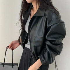 Pu Leather Big Pocket Zip Up Oversized Jacket