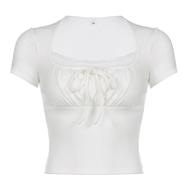 Tie Front Patchwork White Crop Top - fairypeony