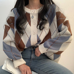 Vintage Argyle Print Oversized Cardigan