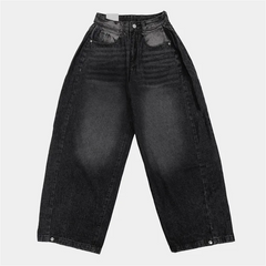 Retro washed wide-leg buttoned hem jeans in black, product shot
