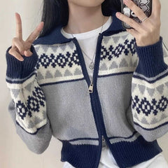 Vintage Jacquard Print Zip Up Cardgan - fairypeony