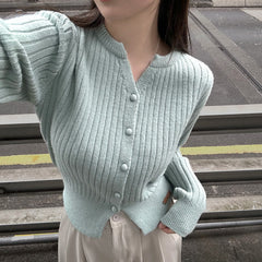 Round Neck Solid Color Rib Long Sleeve Cardigan