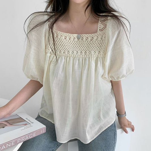 Crochet Square Collar Puff Sleeve Blouse - fairypeony