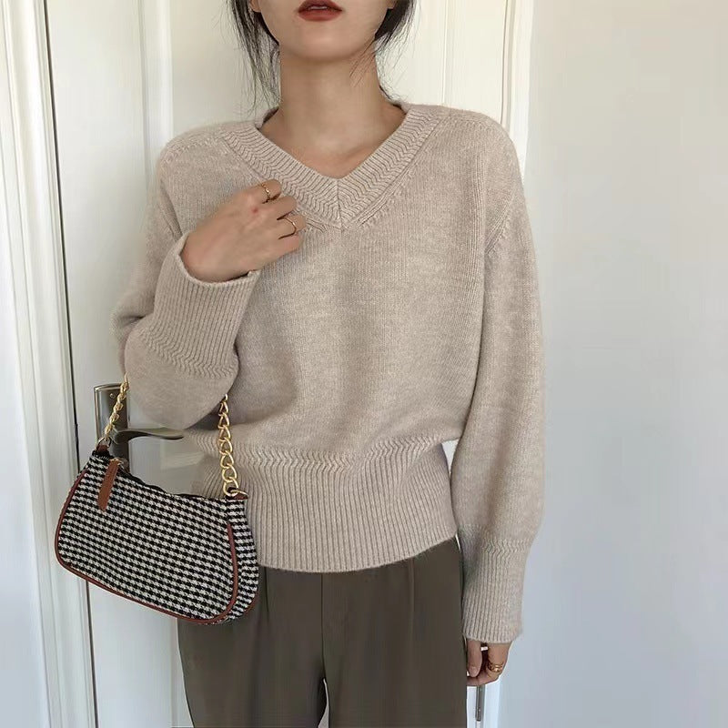 Vintage Solid Color V-Neck Sweater