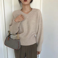 Vintage Solid Color V-Neck Sweater