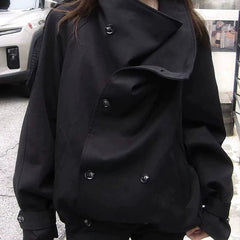 Stand collar double-button short coat in black, front view