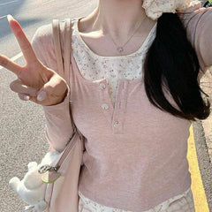 Floral patchwork faux two-piece long-sleeved T-shirt - fairypeony