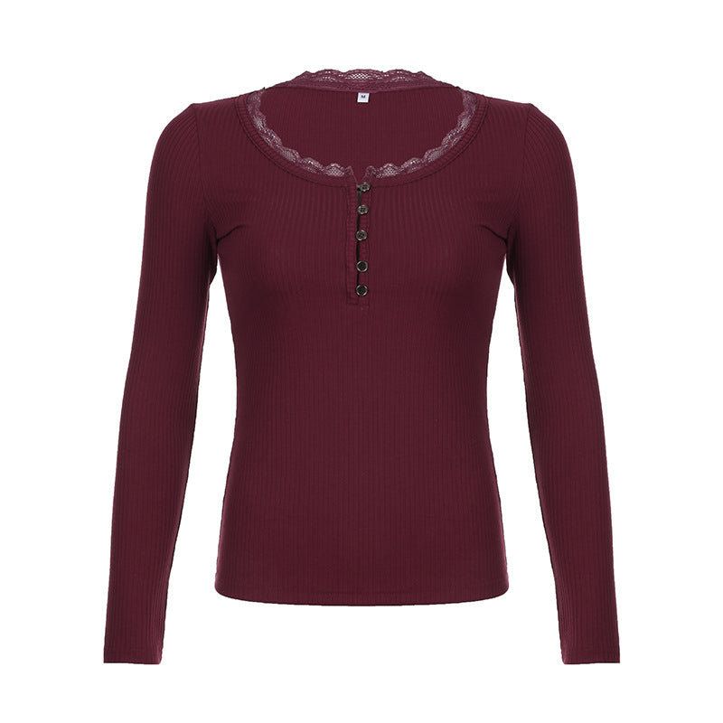 Lace Trim Rib Long Sleeve Slim Tee