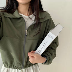 Vintage Solid Color Crop Zip Up Jacket