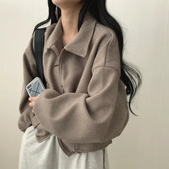 Solid Color Loose Double Pocket Wool Jacket - fairypeony