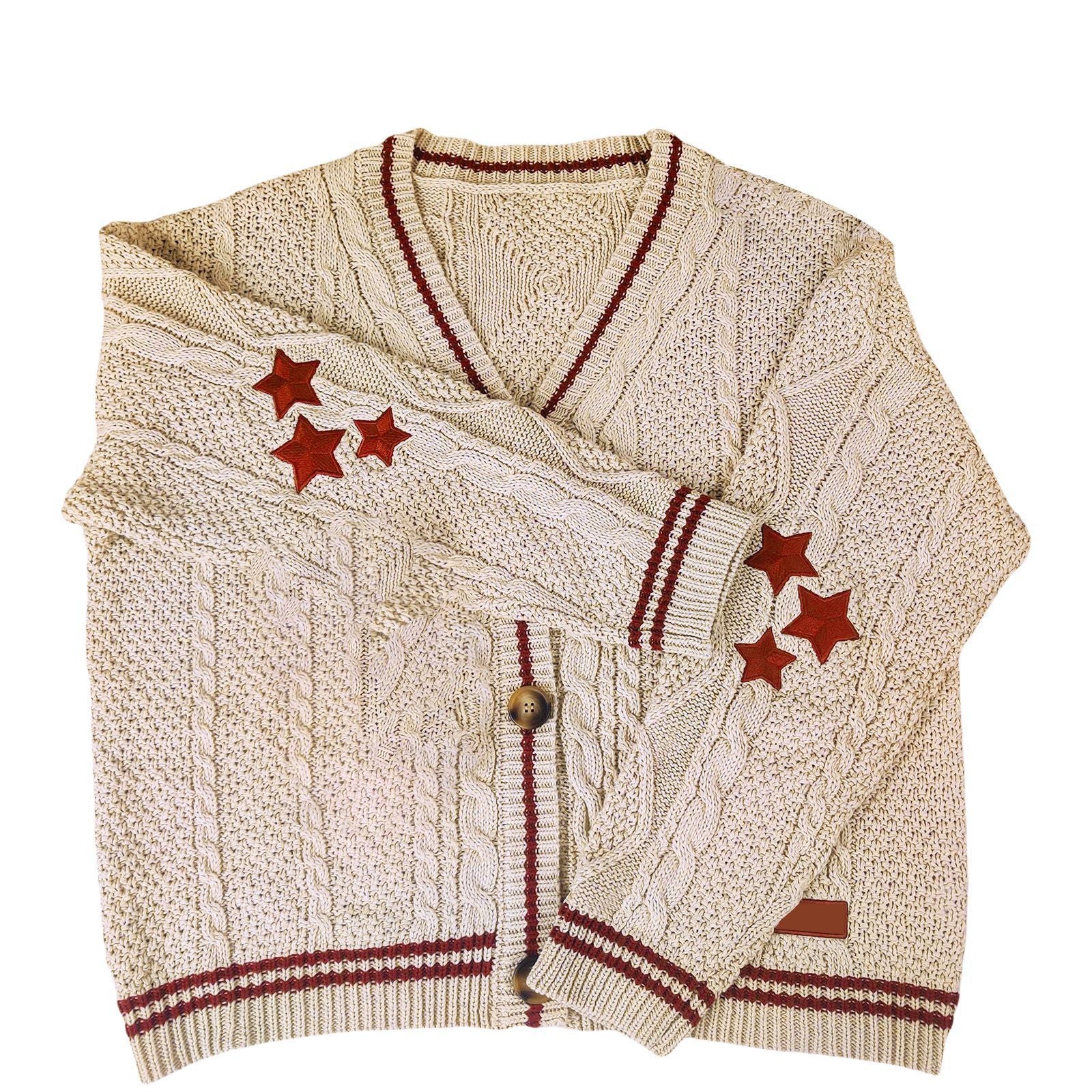 Oversize Star Embroidered Cable Knit Cardigan - fairypeony