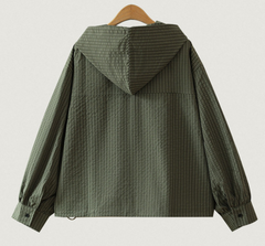 Vintage Plaid Hooded Zip Crop Top – Oversized Long-Sleeve Blouse in 3 Colours