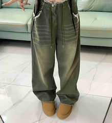 Vintage Wash Drawstring Raw Trim Boyfriend Jeans