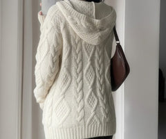 Twist-knit hooded cardigan in White, back view with hood