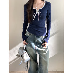 Lace Trim Front Tie Long Sleeve Tee