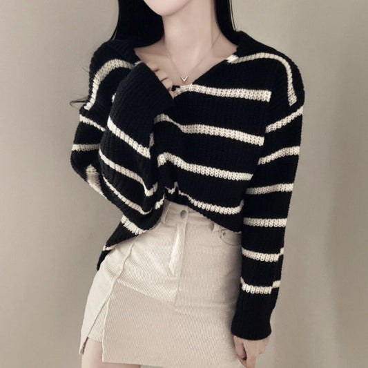Vintage Striped V-Neck Oversized Sweater