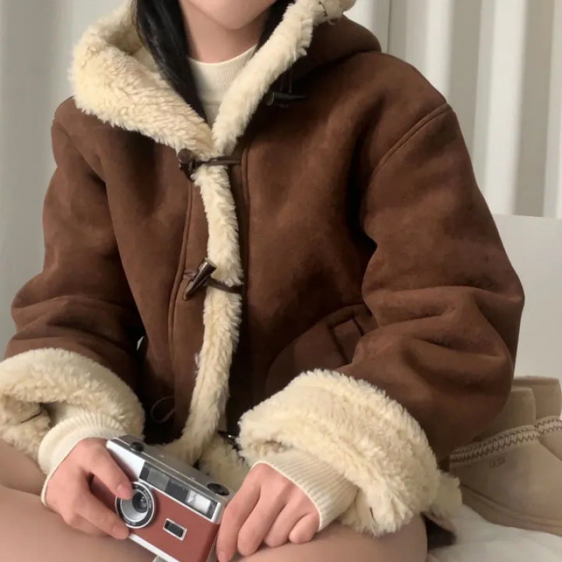 Thickened Hooded Horn Button Fur Outwear