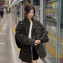 Women's Retro Distressed Multi-Pocket Workwear Trench Coat