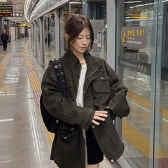 Women's Retro Distressed Multi-Pocket Workwear Trench Coat