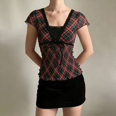 2000s Mesh Lace Trim V-Neck Top – Plaid Faux Two-Piece Smocked Ruffle Tee S–L