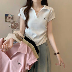 Embroidered Bow Polo Collar Short Sleeve Tee