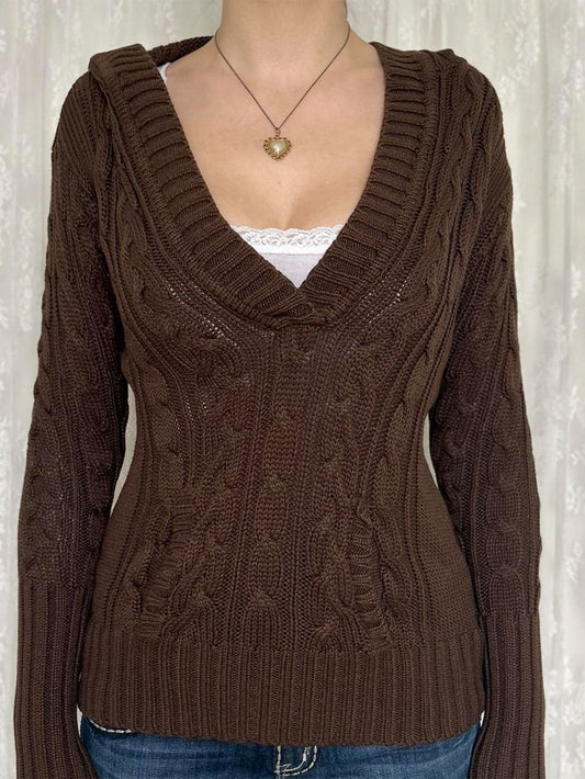 2000s V-Neck Cable Knit Slim Pullover Sweater – Long Sleeve in Brown, S–XL