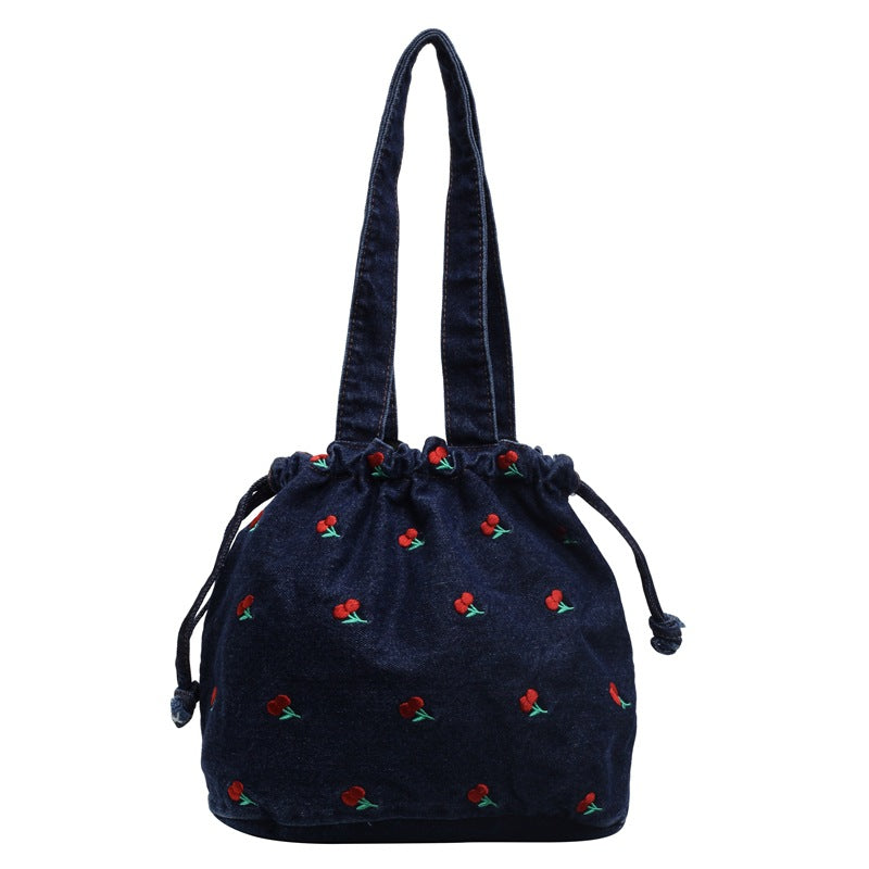 Cherry Embroidery Denim Shoulder Bag - fairypeony