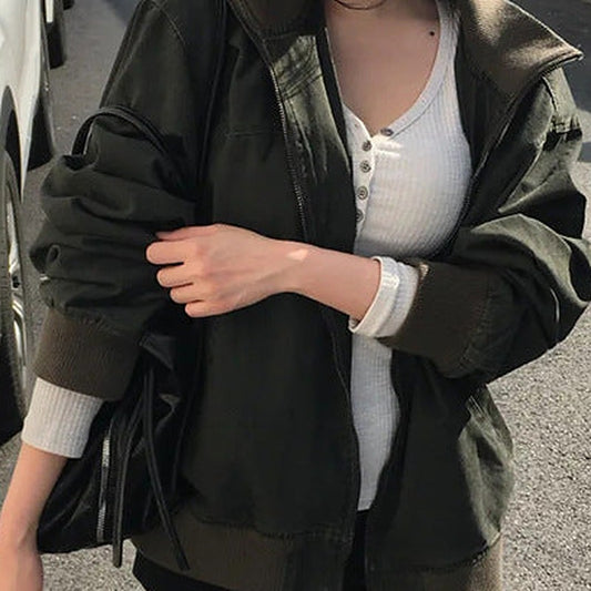 Loose-fit vintage washed zip-up bomber jacket in military green, street style