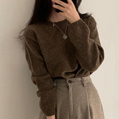 Vintage Solid Color Round Neck Sweater