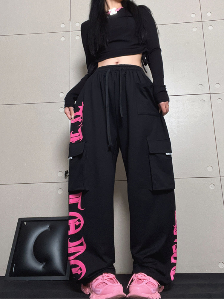 Gothic Letter Pocket Patch Wide Leg Sweatpants - fairypeony