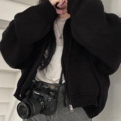 Solid Color Oversized Hooded Zip Up Cardigan