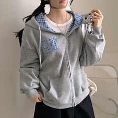 Vintage Plaid Oversized Zip Up Hoodie