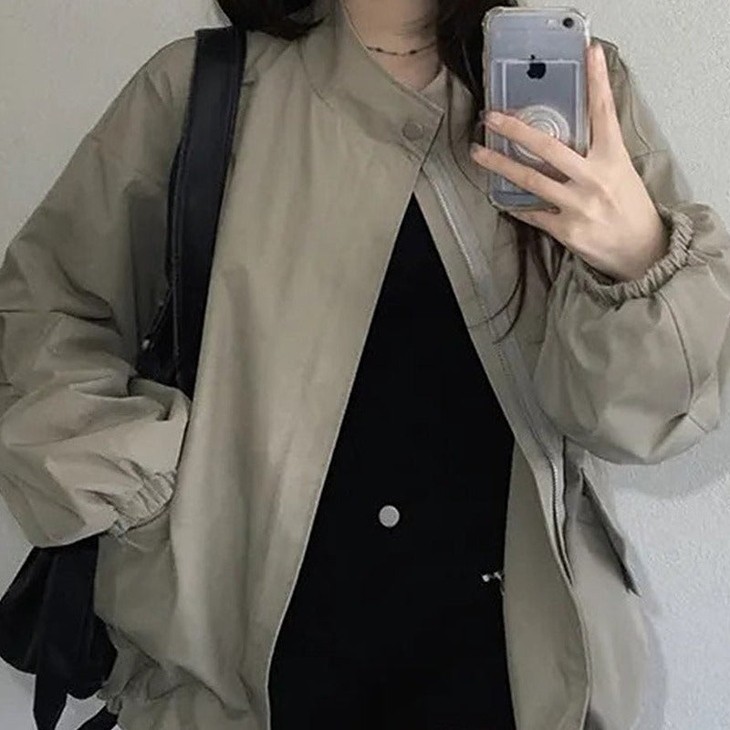 Retro stand collar oversized short trench jacket in army green