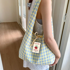 Double-Sided Plaid Canvas Tote Bag