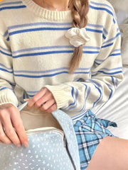 Solid Color Striped Crew Neck Sweater