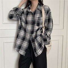 Vintage Oversized Plaid Long Sleeve Blouse