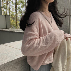Solid Color V-Neck Oversized Knitted Tee