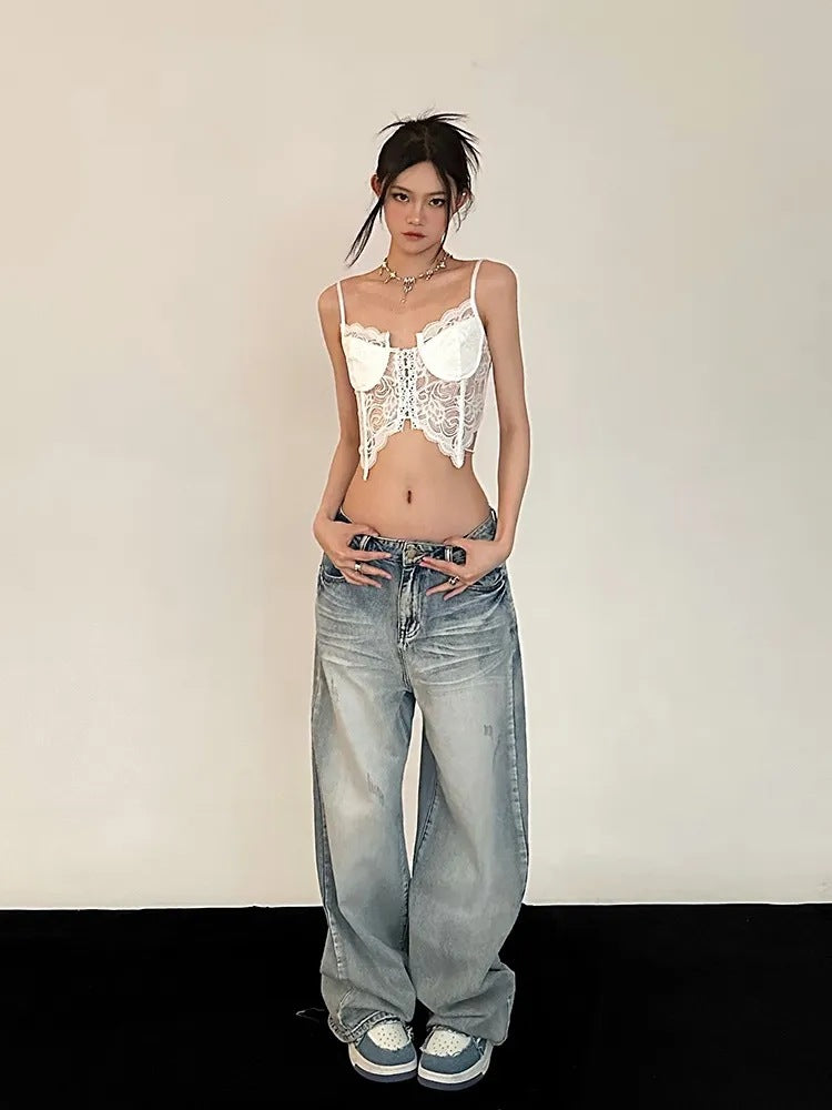 Distressed Washed Low Waist Lengthen Boyfriend Jeans - fairypeony