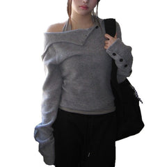 Irregular Slanted Button Suede Finish High Neck Hooded Long Sleeve Top