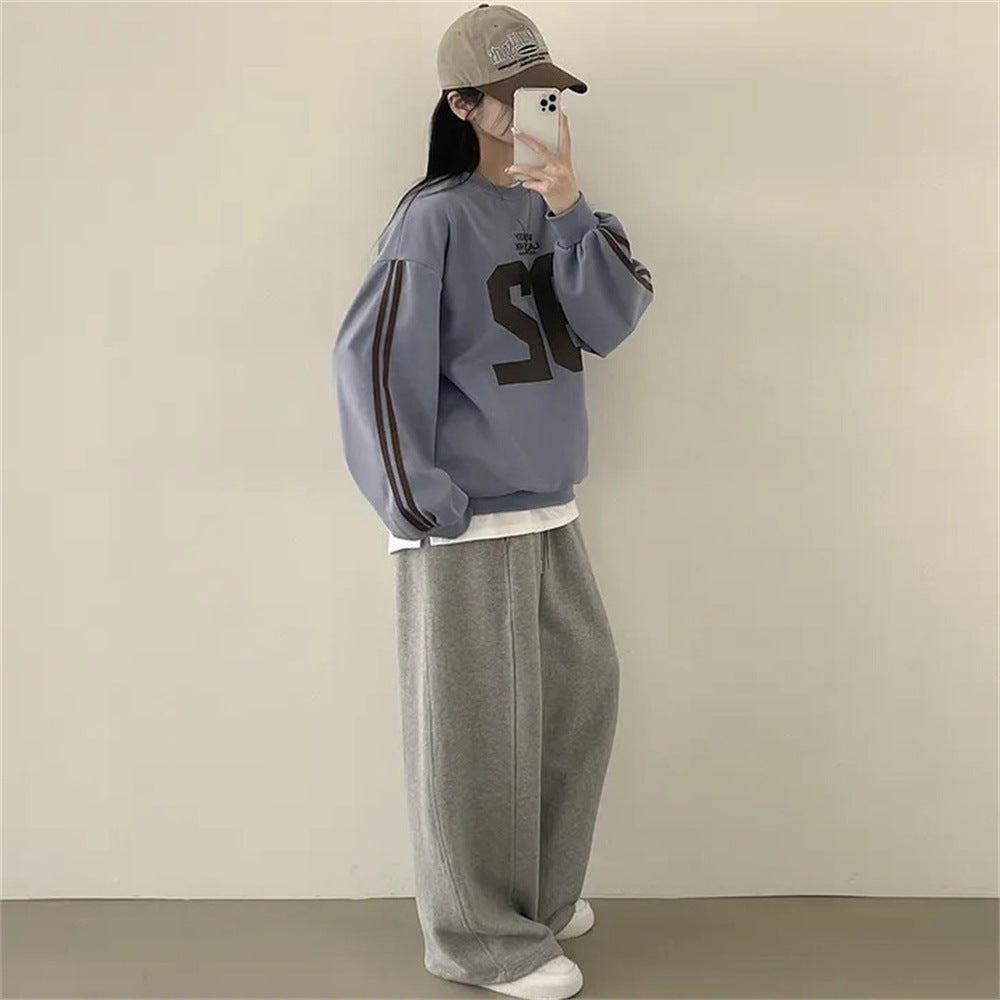 Vintage Number Print Striped Sleeve Sweatshirt - fairypeony