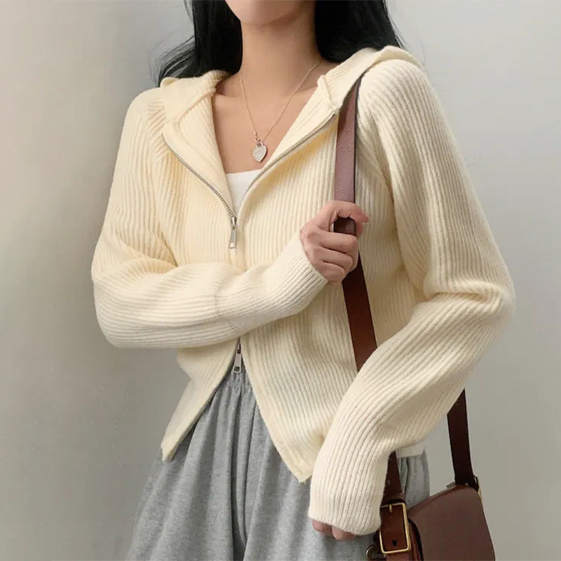 Double-headed Zipper Solid Color Hooded Cardigan