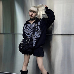 Skeleton Print Zip Up Loose Oversized Hoodie - fairypeony