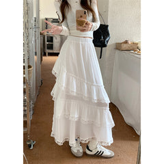 Solid Color Ruffled Fairy Lace Maxi Skirt