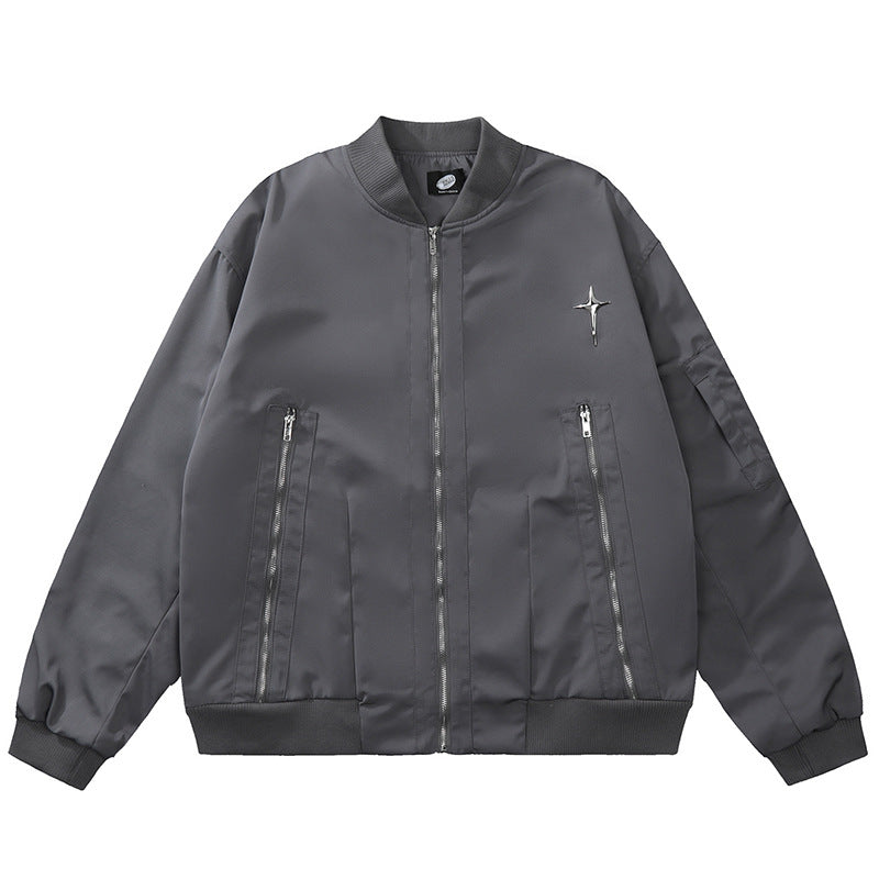 Metal Star Oversized Zip Up Bomber Jacket - fairypeony