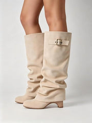 Retro Pleated Suede High-Top Riding Boots – Plush Lined Chunky Heel Ankle Boots