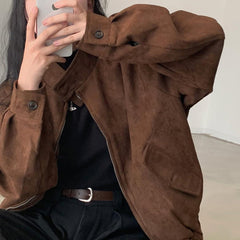 Vintage Stand Collar Velvet Loose Zipper Jacket