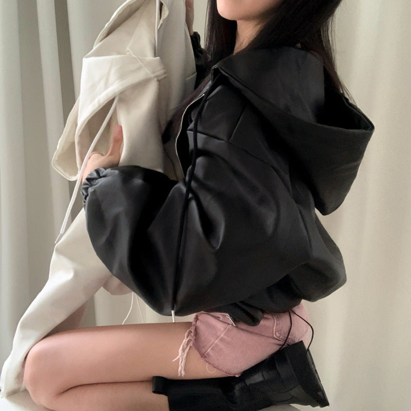 Solid Color Crop Pu Leather Hooded Jacket