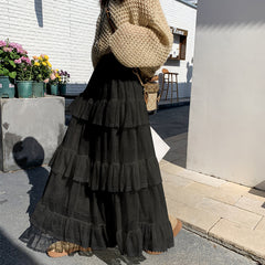 Aesthetic Lace trimmed Ruffled Maxi Skirt