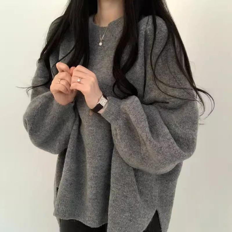 Round Neck Solid Color Oversized Sweater - fairypeony
